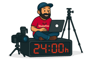 Illustration of ShutterPress photographer working on laptop with camera and tripod, showing 24/7 photo sales through WooCommerce galleries.