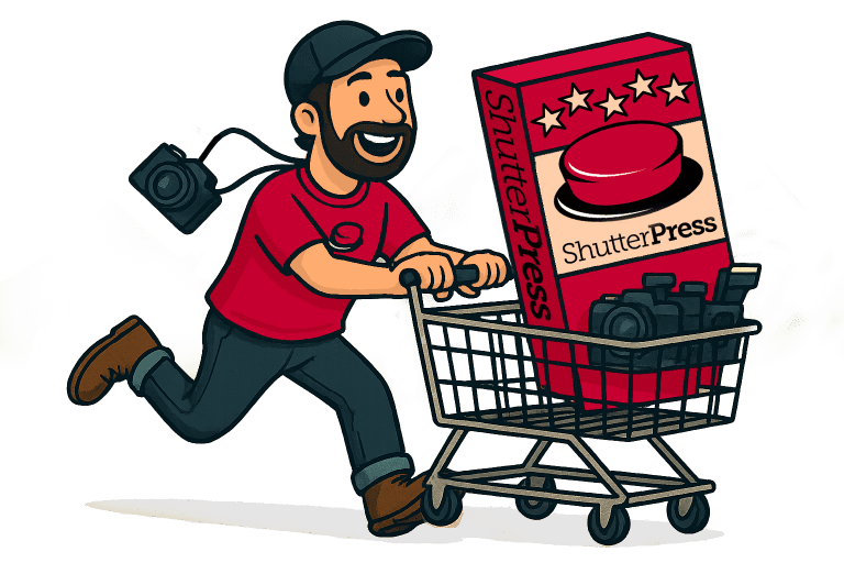 Illustration of photographer running with shopping cart full of cameras and ShutterPress plugin box, symbolising selling photos online with WooCommerce galleries.
