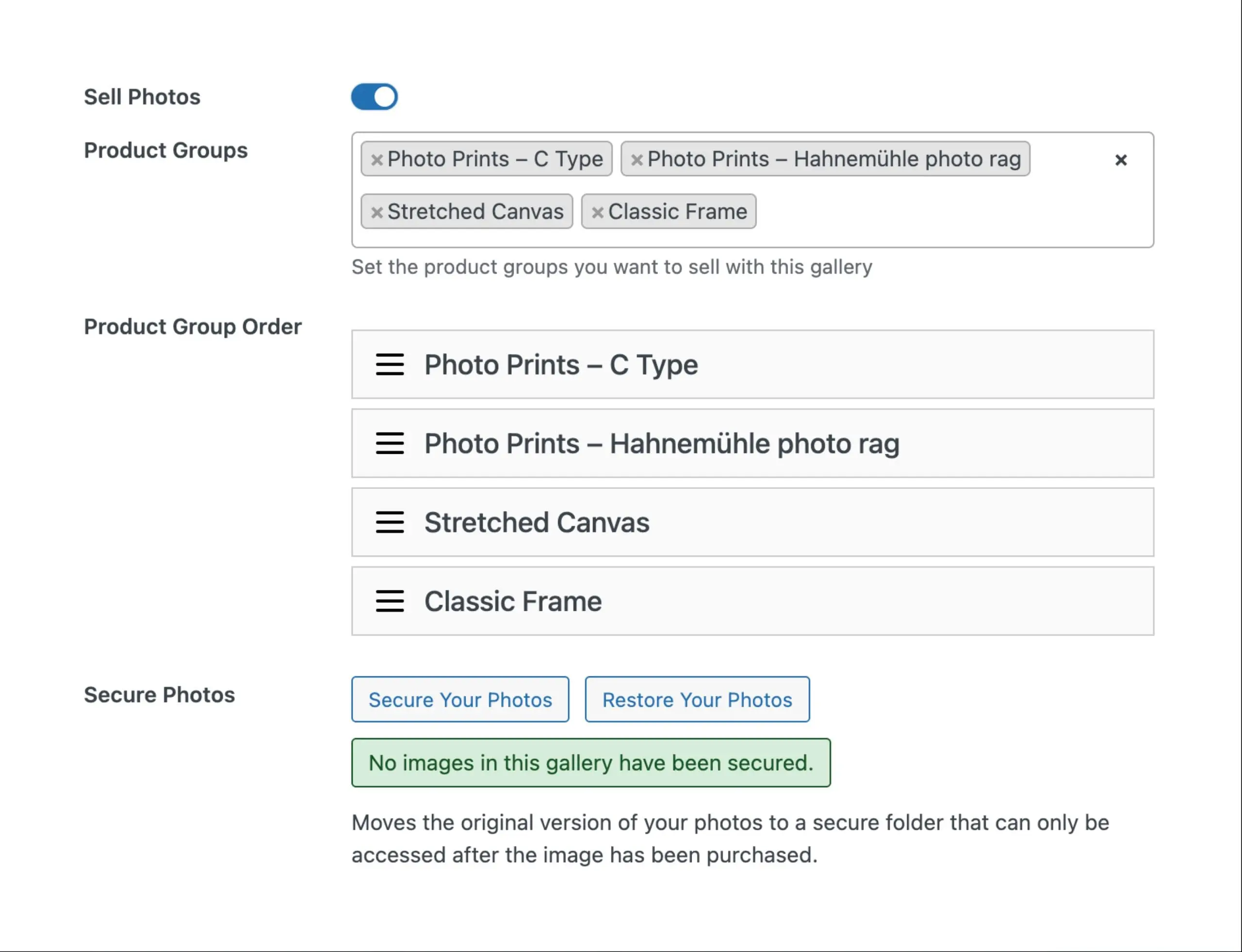ShutterPress WooCommerce gallery settings panel showing photo product groups, framed prints, stretched canvas, and secure photos option for selling photography online.