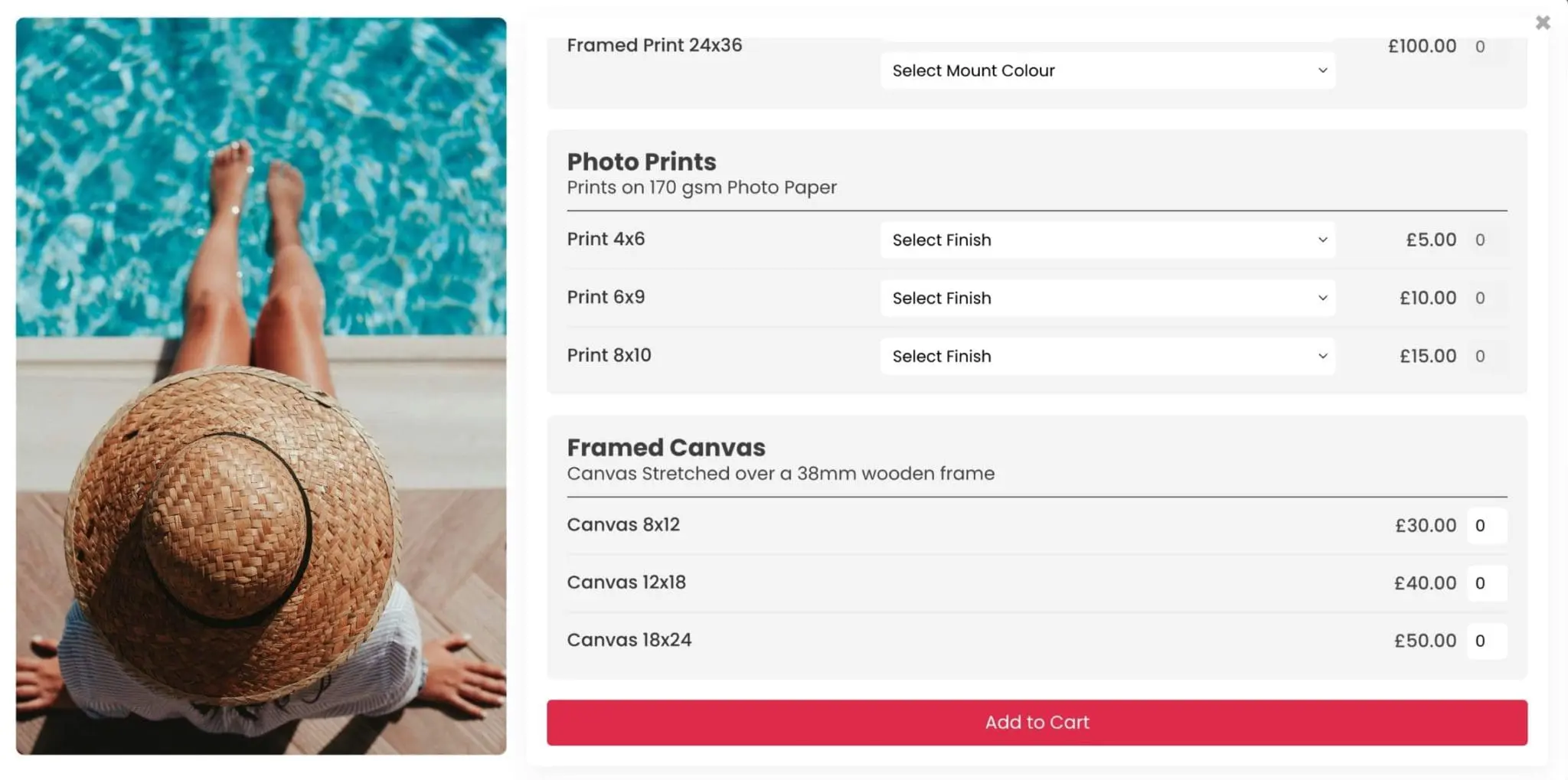 ShutterPress WooCommerce photo gallery plugin product selection popup showing print sizes, framed prints, and canvas options for photographers selling images online.
