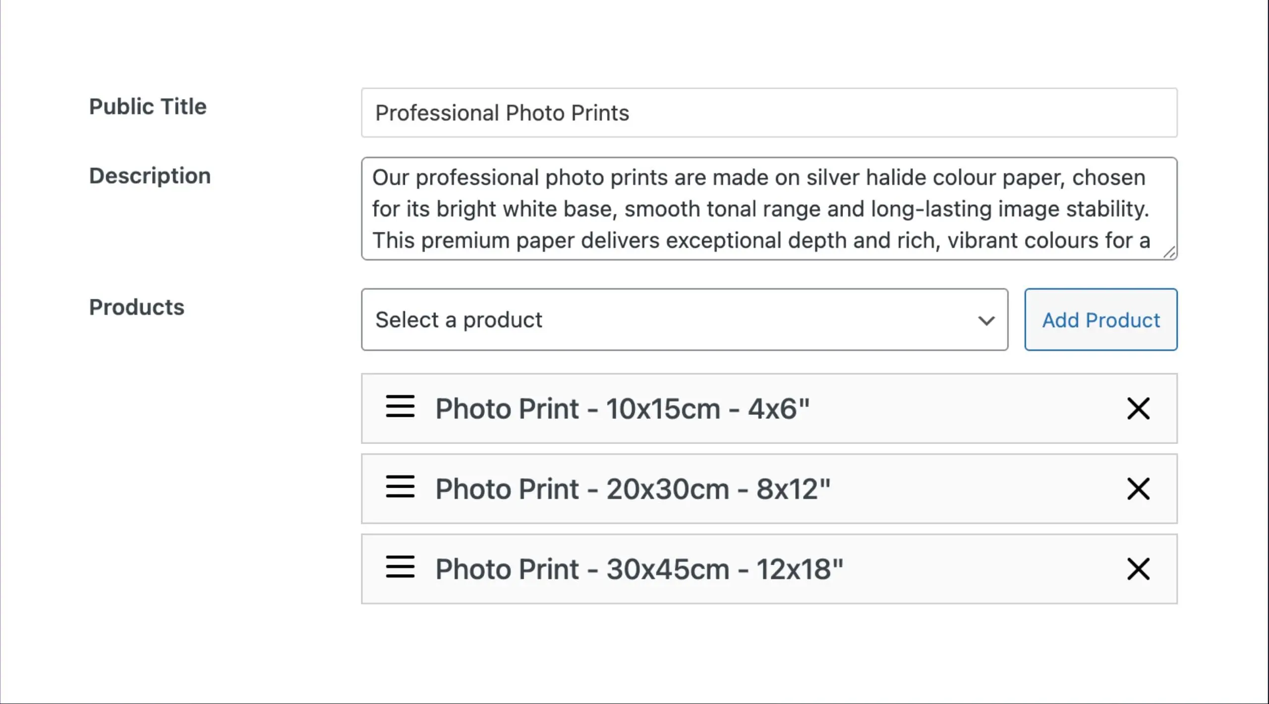 ShutterPress WooCommerce product setup for professional photo prints, showing product title, description, and print sizes including 4x6, 8x12, and 12x18.