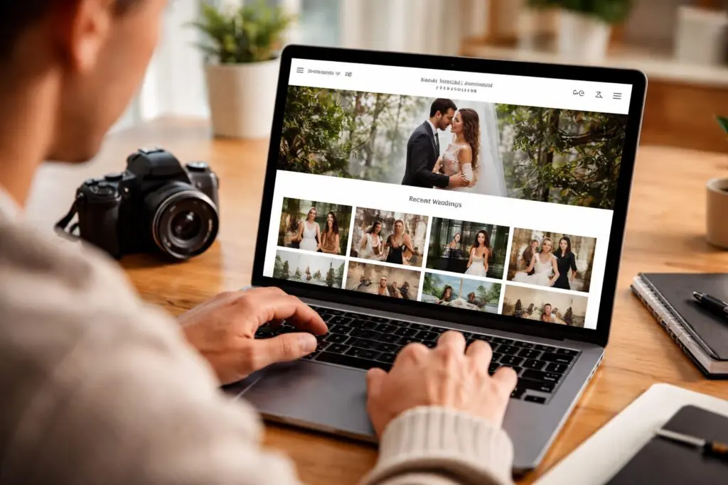 Person using a laptop to browse and edit a photography website, with a camera, notebook and coffee on a desk in a bright home office.