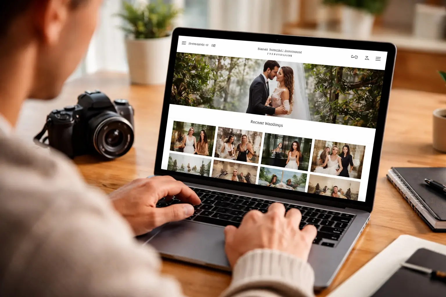 Person using a laptop to browse and edit a photography website, with a camera, notebook and coffee on a desk in a bright home office.