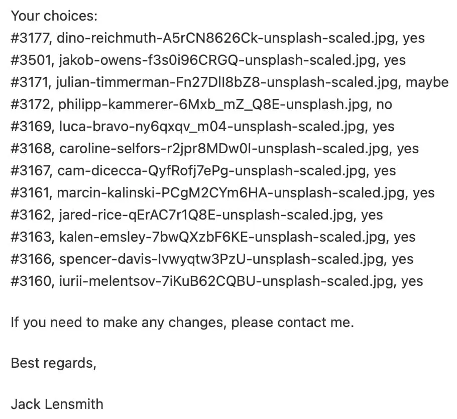 Email Selections